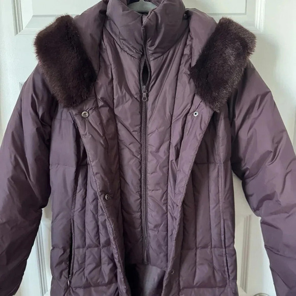 Larry Levine Winter Down Coat Burgundy/Wine Quilted Faux Fur Hood Long Puffer- S - Picture 2 of 8